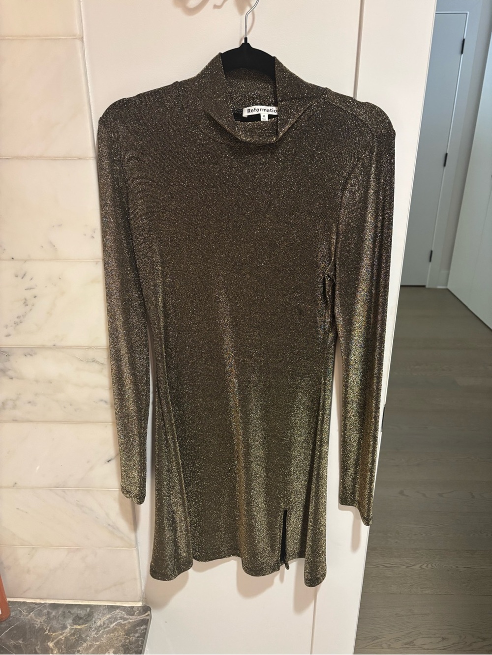 Reformation Hermia Long-Sleeve Turtleneck Dress in Gold